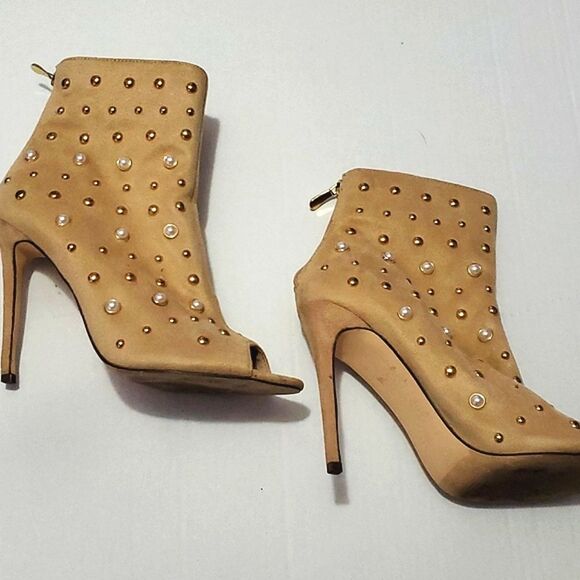 ShuShop Boho Neutral Pearl Beaded Open Toe Funky High Heel Booties Party - Picture 5 of 9